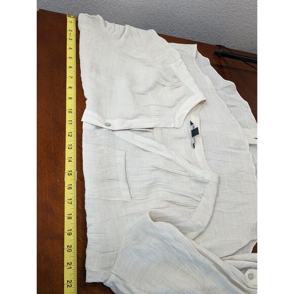 Zac & Rachel Draped Blouse L Cream Split V Neck Roll Tab Sleeve Tunic Button Up - Picture 5 of 9